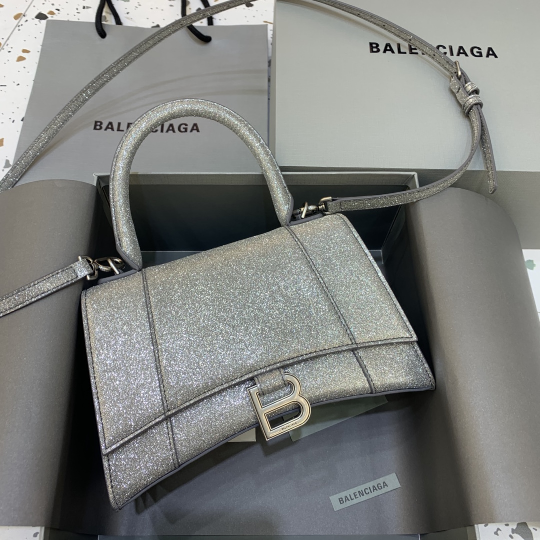 Balenciaga Hourglass Small Handbag Glitter Material Shoulder Bag Gray